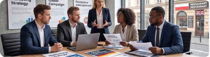 Zespół przy stole omawia materiały strategii globalnej kampanii marketingowej.