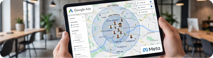 Tablet z mapą Google Ads i Meta pokazującą obszar kampanii targetowanej geograficznie.