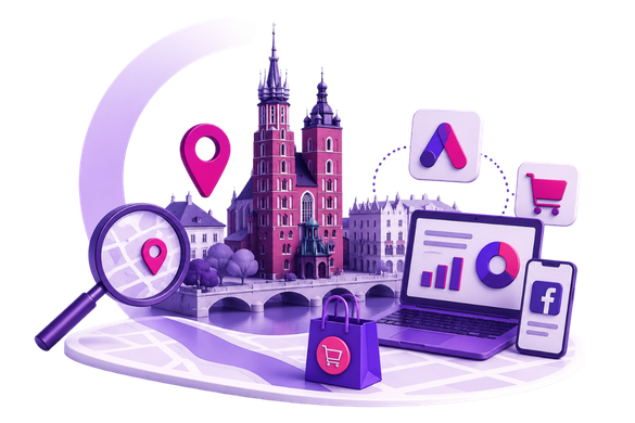 Ilustracja lokalnego marketingu w Krakowie z kościołem Mariackim, mapą, laptopem i ikonami reklam.