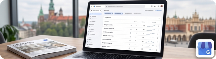 Laptop z panelem Google Business Profile na tle krakowskiego rynku.