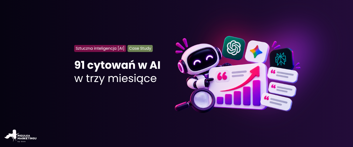 91 cytowań w AI w trzy miesiące – robot, rosnący wykres i logotypy ChatGPT, Gemini i Perplexity