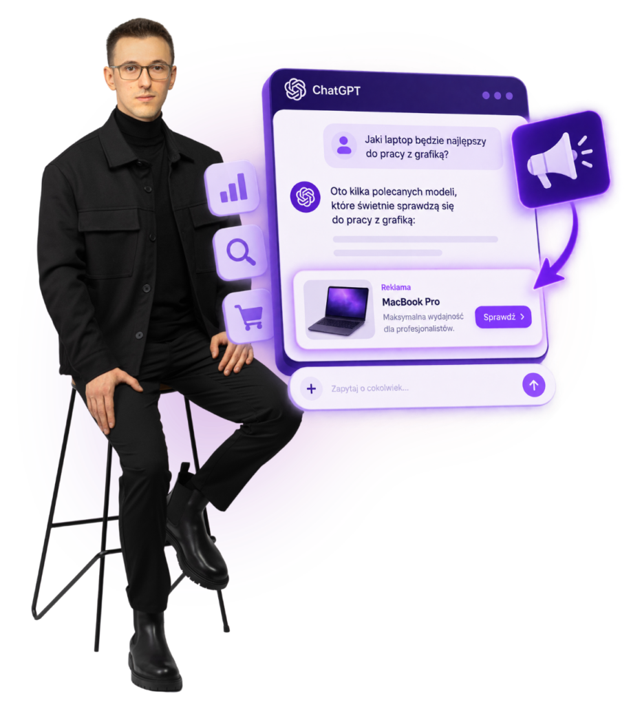 Członek zespołu dais przy wizualizacji reklamy w ChatGPT z ofertą laptopa.