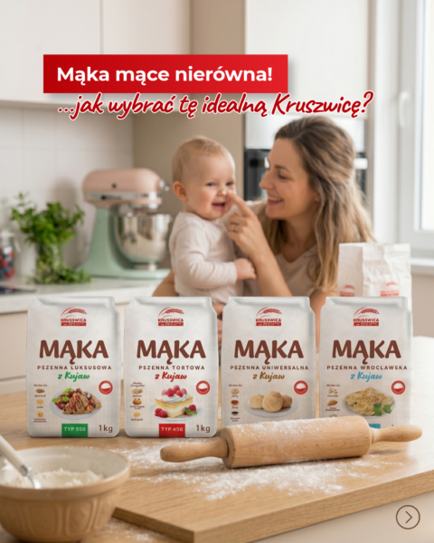 Grafika social media marki Kruszwica: kobieta z dzieckiem w kuchni, cztery rodzaje mąki i pytanie o wybór mąki.