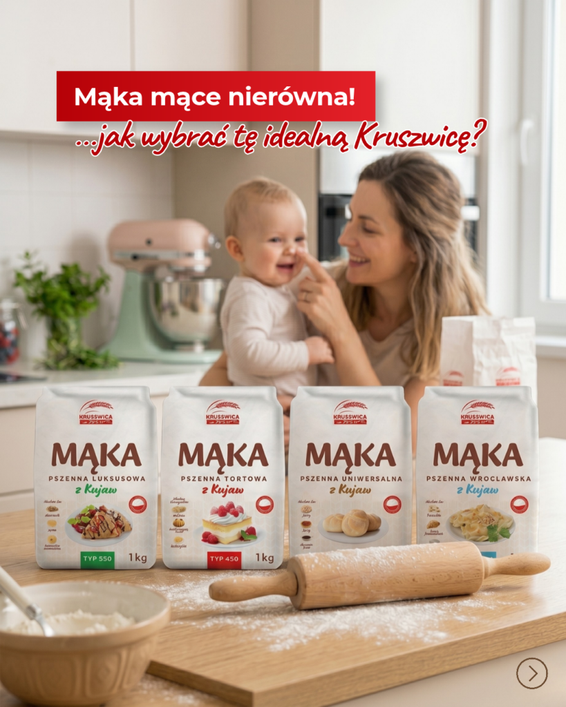 Grafika social media marki Kruszwica: kobieta z dzieckiem w kuchni, cztery rodzaje mąki i pytanie o wybór mąki.