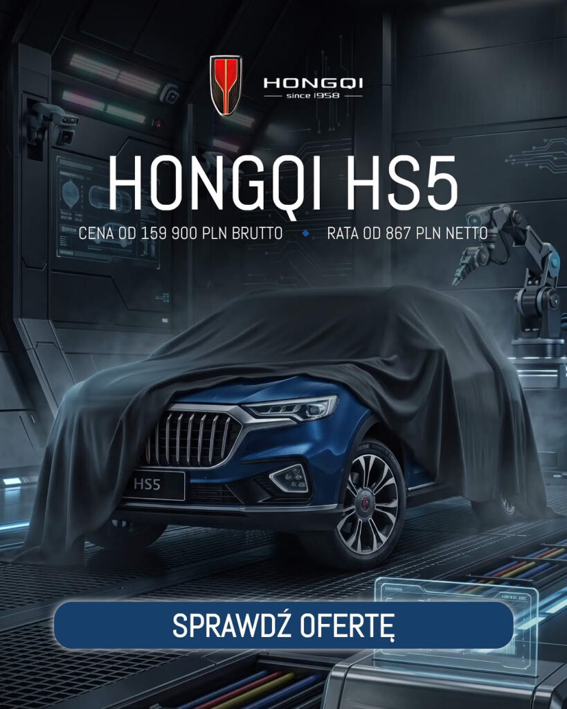 Grafika social media HONGQI: częściowo odsłonięty SUV HS5 w ciemnym wnętrzu i zaproszenie do sprawdzenia oferty.