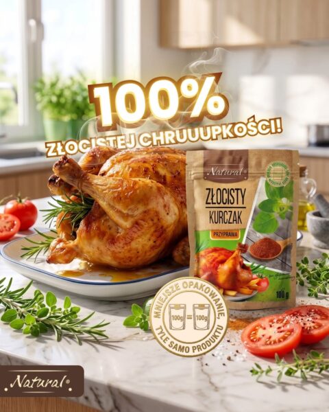 Grafika social media marki Natural: pieczony kurczak, opakowanie przyprawy Złocisty Kurczak i hasło „100% złocistej chrupkości”.