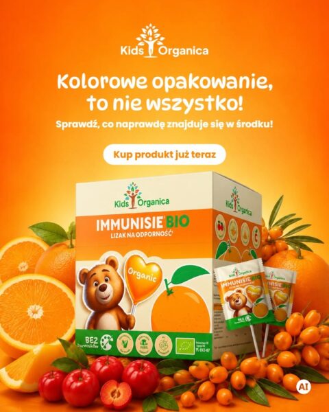 Grafika social media Kids Organica: opakowania i saszetki ImmunisieBio wśród owoców oraz hasło „Kolorowe opakowanie, to nie wszystko!”.