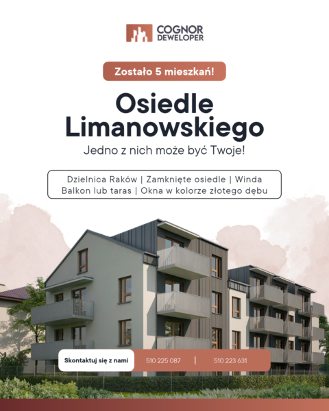 Grafika social media Cognor Developer: wizualizacja budynku Osiedla Limanowskiego i informacja, że zostało pięć mieszkań.