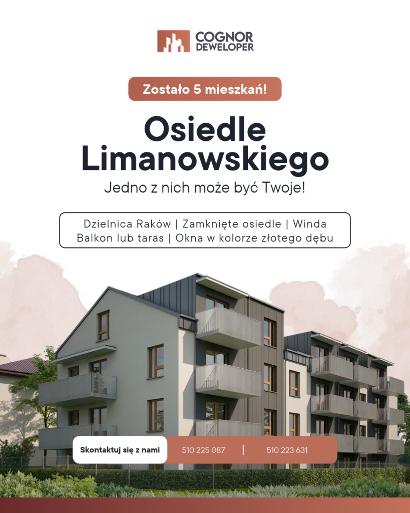 Grafika social media Cognor Developer: wizualizacja budynku Osiedla Limanowskiego i informacja, że zostało pięć mieszkań.