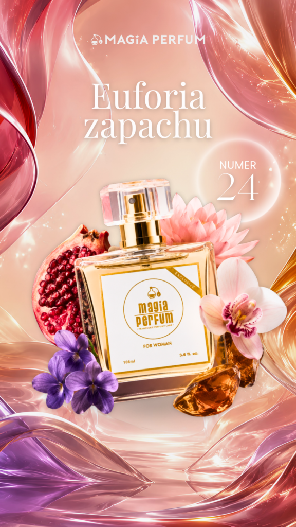Grafika social media Magia Perfum: flakon zapachu numer 24 wśród kwiatów i owoców, z hasłem „Euforia zapachu”.