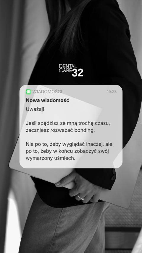 Grafika social media Dental Care 32: czarno-biała sylwetka osoby i dymek wiadomości o bondingu oraz wymarzonym uśmiechu.