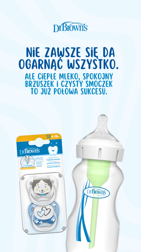 Grafika social media Dr Brown’s: butelka i opakowanie smoczków oraz hasło o ciepłym mleku, spokojnym brzuszku i czystym smoczku.