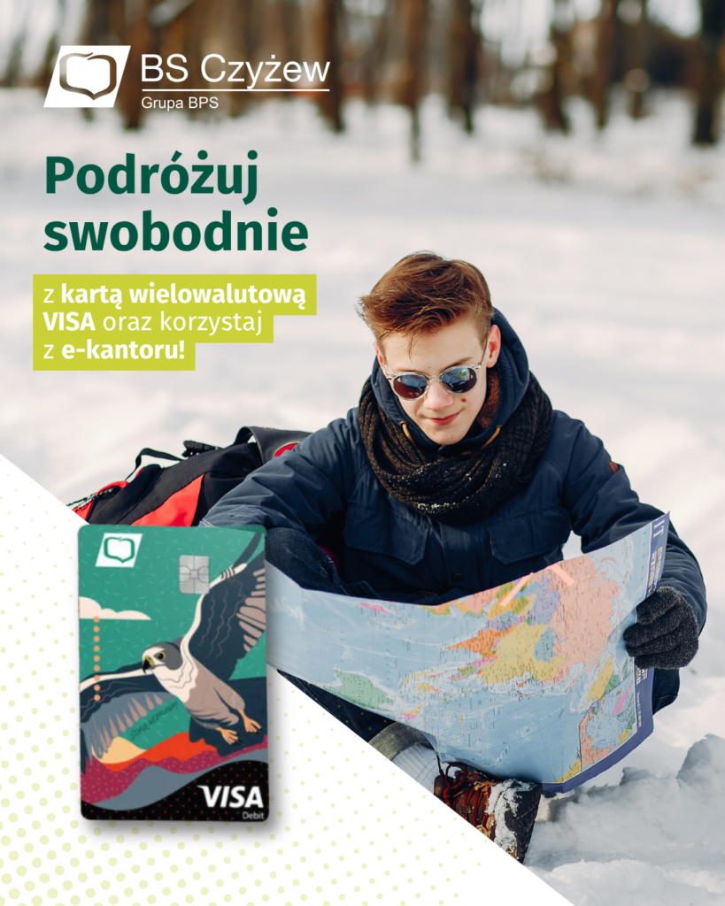Grafika social media BS Czyżew: mężczyzna z mapą w zimowej scenerii, karta VISA i hasło „Podróżuj swobodnie”.