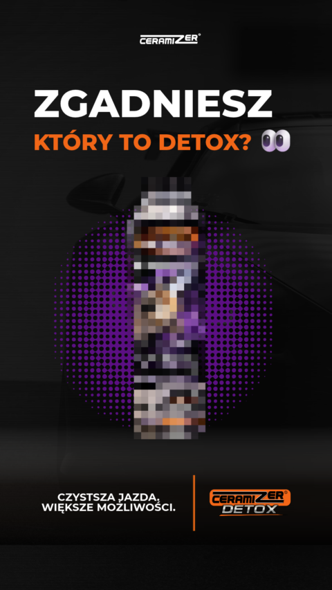Grafika social media Ceramizer: rozpikselowana butelka produktu Detox i pytanie „Zgadniesz który to detox?”.
