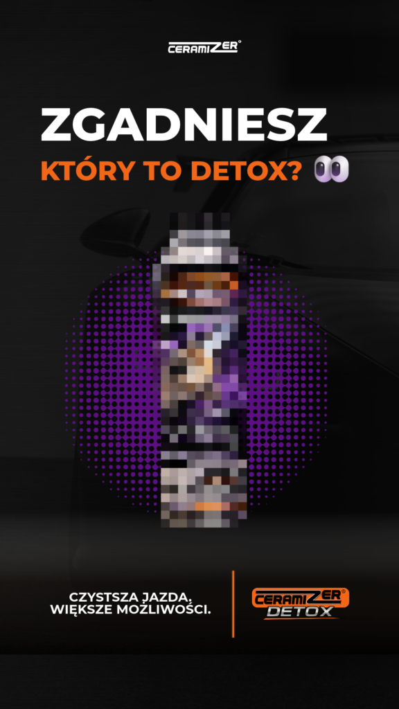 Grafika social media Ceramizer: rozpikselowana butelka produktu Detox i pytanie „Zgadniesz który to detox?”.