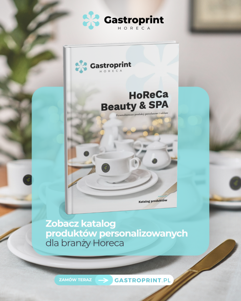 Grafika social media Gastroprint: katalog HoReCa Beauty & SPA na tle zastawy stołowej i zaproszenie do poznania produktów personalizowanych.