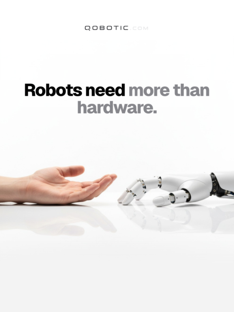 Grafika social media QOBOTIC: ludzka dłoń naprzeciw dłoni robota i hasło „Robots need more than hardware”.