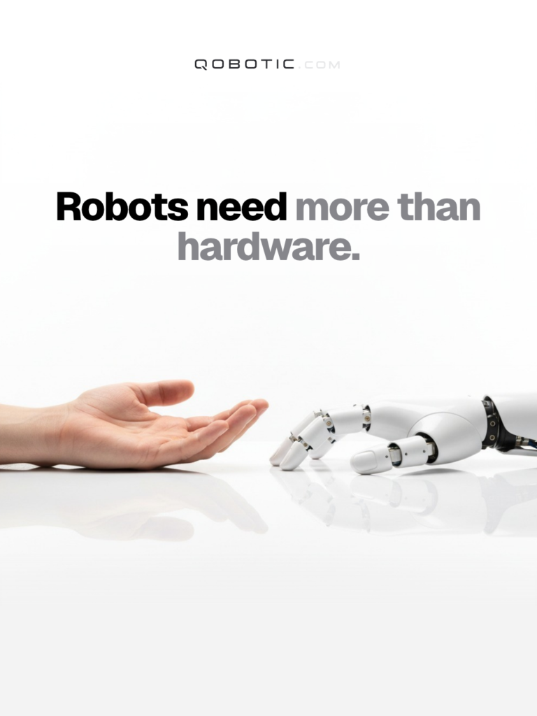 Grafika social media QOBOTIC: ludzka dłoń naprzeciw dłoni robota i hasło „Robots need more than hardware”.