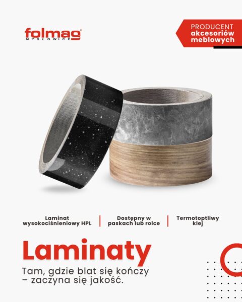Rolki laminatów HPL Folmag w różnych wzorach, prezentacja akcesoriów meblowych