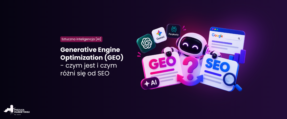 Generative Engine Optimization (GEO) – robot między kartami GEO i SEO oraz logotypy ChatGPT, Gemini i Perplexity