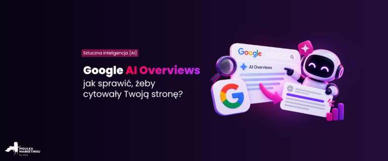 Google AI Overviews – robot wskazujący podsumowanie AI w wyszukiwarce Google i kartę strony