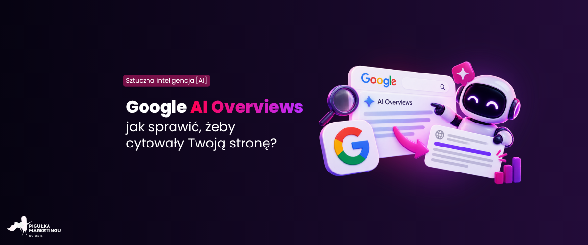 Google AI Overviews – robot wskazujący podsumowanie AI w wyszukiwarce Google i kartę strony