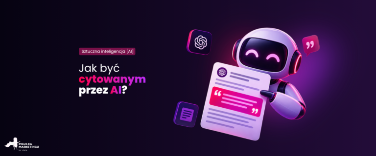 Jak być cytowanym przez AI – robot z kartą cytatu i logo ChatGPT