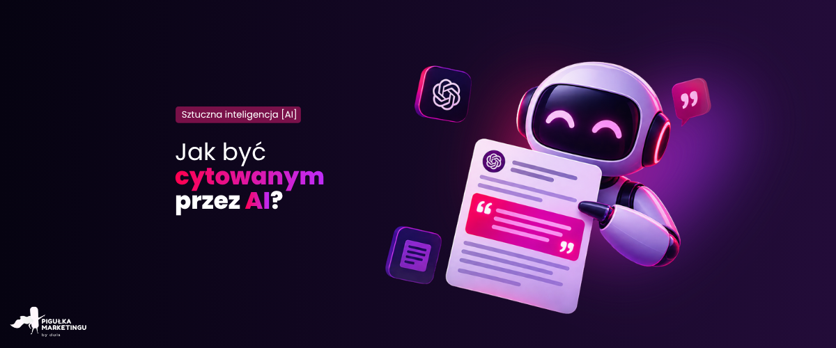 Jak być cytowanym przez AI – robot z kartą cytatu i logo ChatGPT