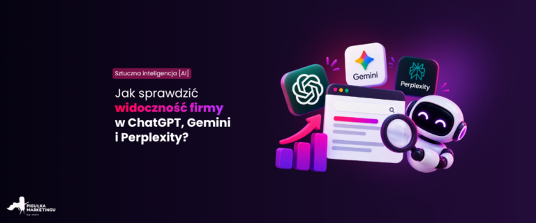 Widoczność firmy w ChatGPT, Gemini i Perplexity – logotypy narzędzi, robot z lupą i wykres