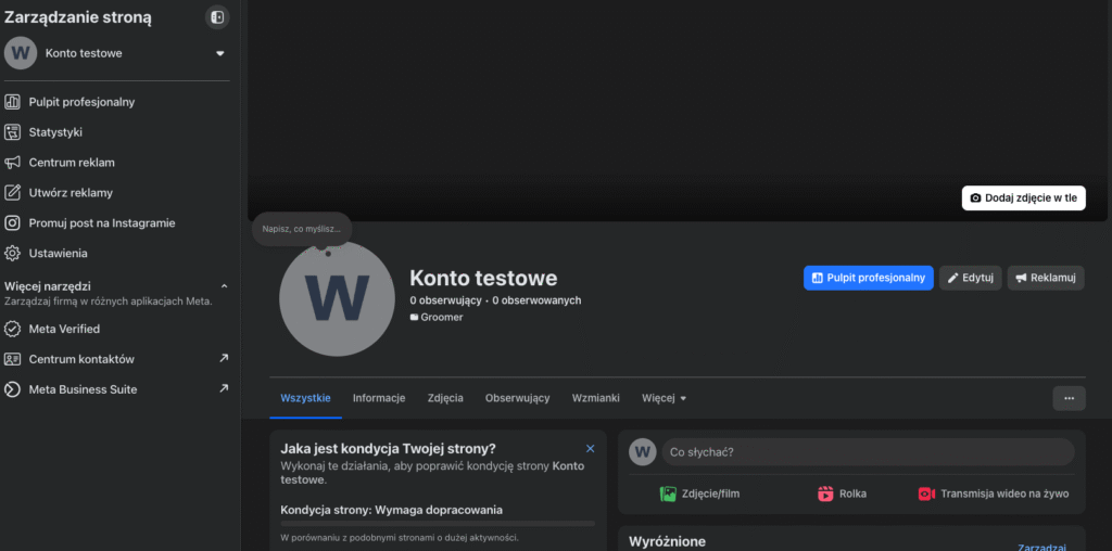 Widok nowo utworzonej strony firmowej na Facebooku