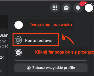 Opcja przełączania z profilu prywatnego na stronę firmową na Facebooku