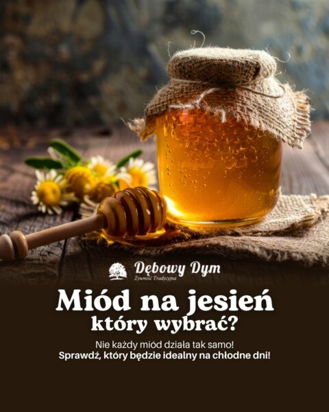 Słoik miodu z miodem na stole, grafika marki Dębowy Dym