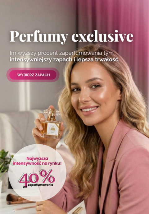 Kobieta trzymająca flakon perfum, grafika promująca perfumy o wysokiej intensywności